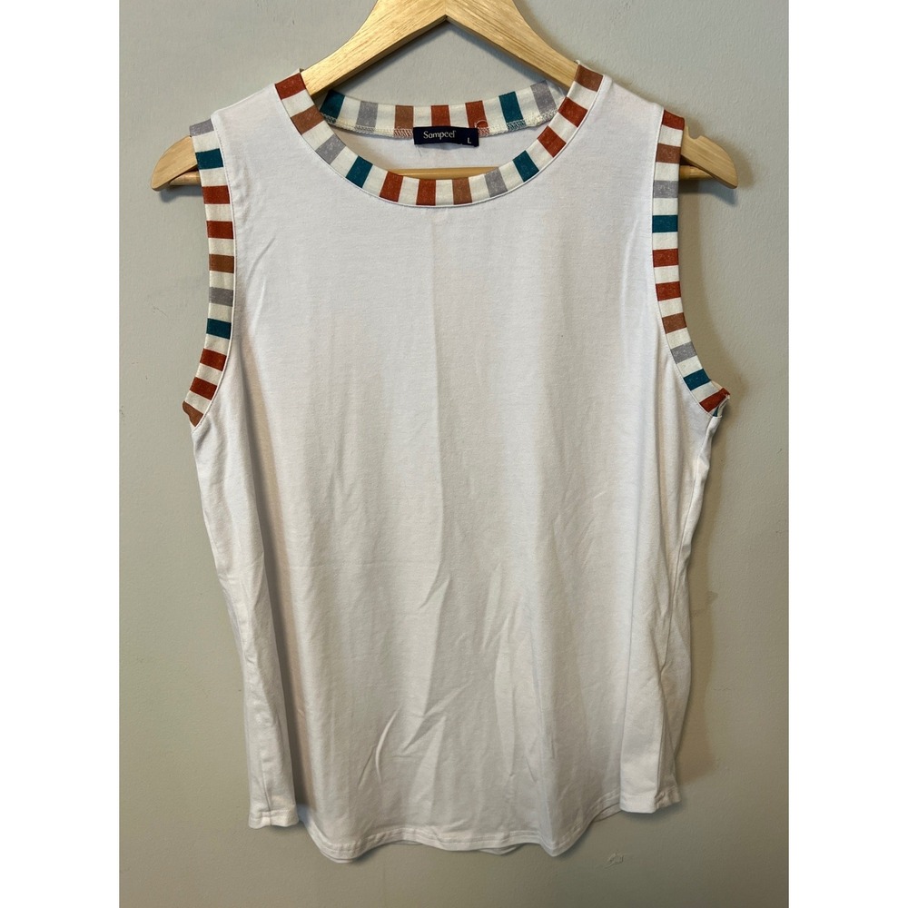 Sampeel Tank Top Womens L White Pre-owned Striped Trim Sleeveless Tee